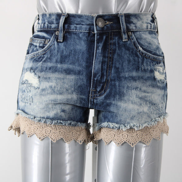 Free People Sz 24 x 3 Blue Denim Tan Crochet Edge Distressed 100% Cotton Shorts