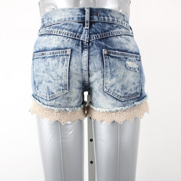 Free People Sz 24 x 3 Blue Denim Tan Crochet Edge Distressed 100% Cotton Shorts
