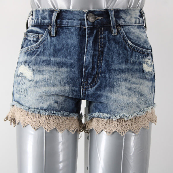 Free People Sz 24 x 3 Blue Denim Tan Crochet Edge Distressed 100% Cotton Shorts