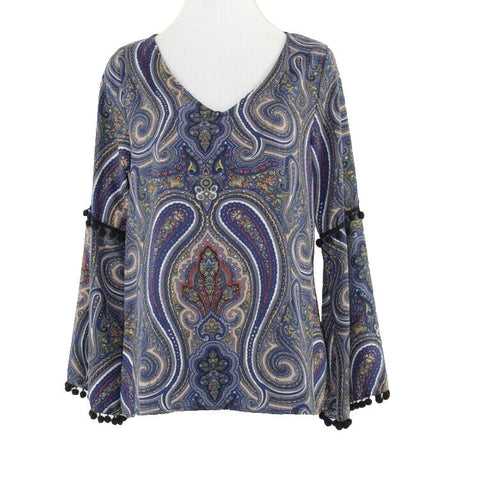 Auditions Sz S Navy Tan White Multi Paisley Black Pom Poms 100% Poly Blouse Top