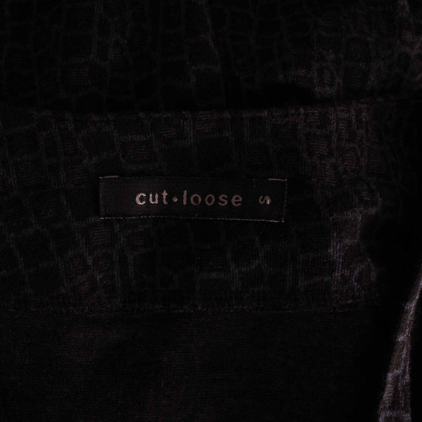 Cut Loose Sz S Black Navy Print Long Sleeve V Neck Poly Viscose Wrap Sweater