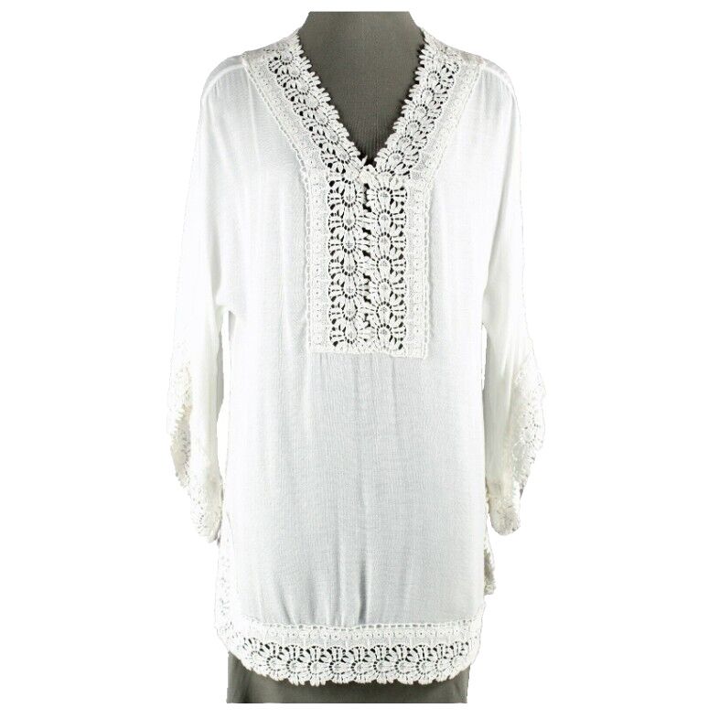 Chicos NEW $99 Sz 0 Ivory Boho Split Side Rayon Cotton Lace Trim Tunic Top