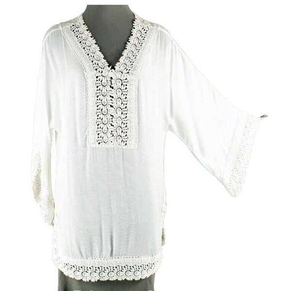 Chicos NEW $99 Sz 0 Ivory Boho Split Side Rayon Cotton Lace Trim Tunic Top