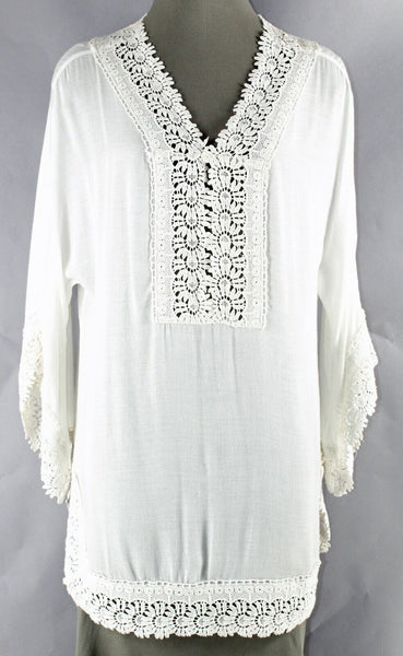 Chicos NEW $99 Sz 0 Ivory Boho Split Side Rayon Cotton Lace Trim Tunic Top