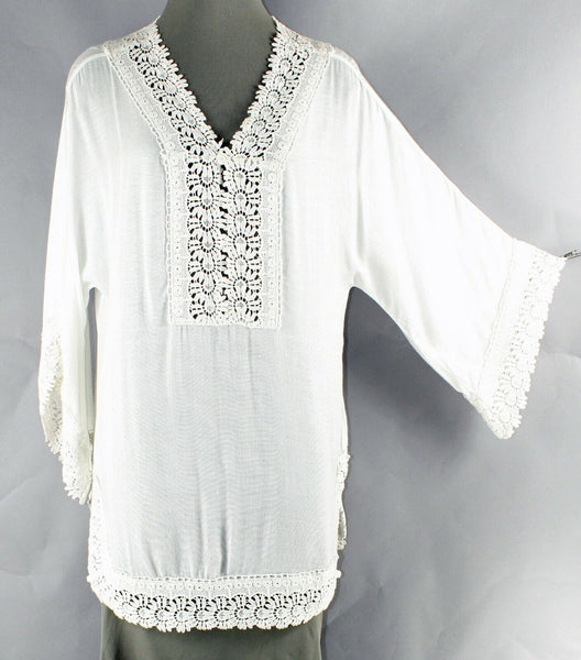 Chicos NEW $99 Sz 0 Ivory Boho Split Side Rayon Cotton Lace Trim Tunic Top