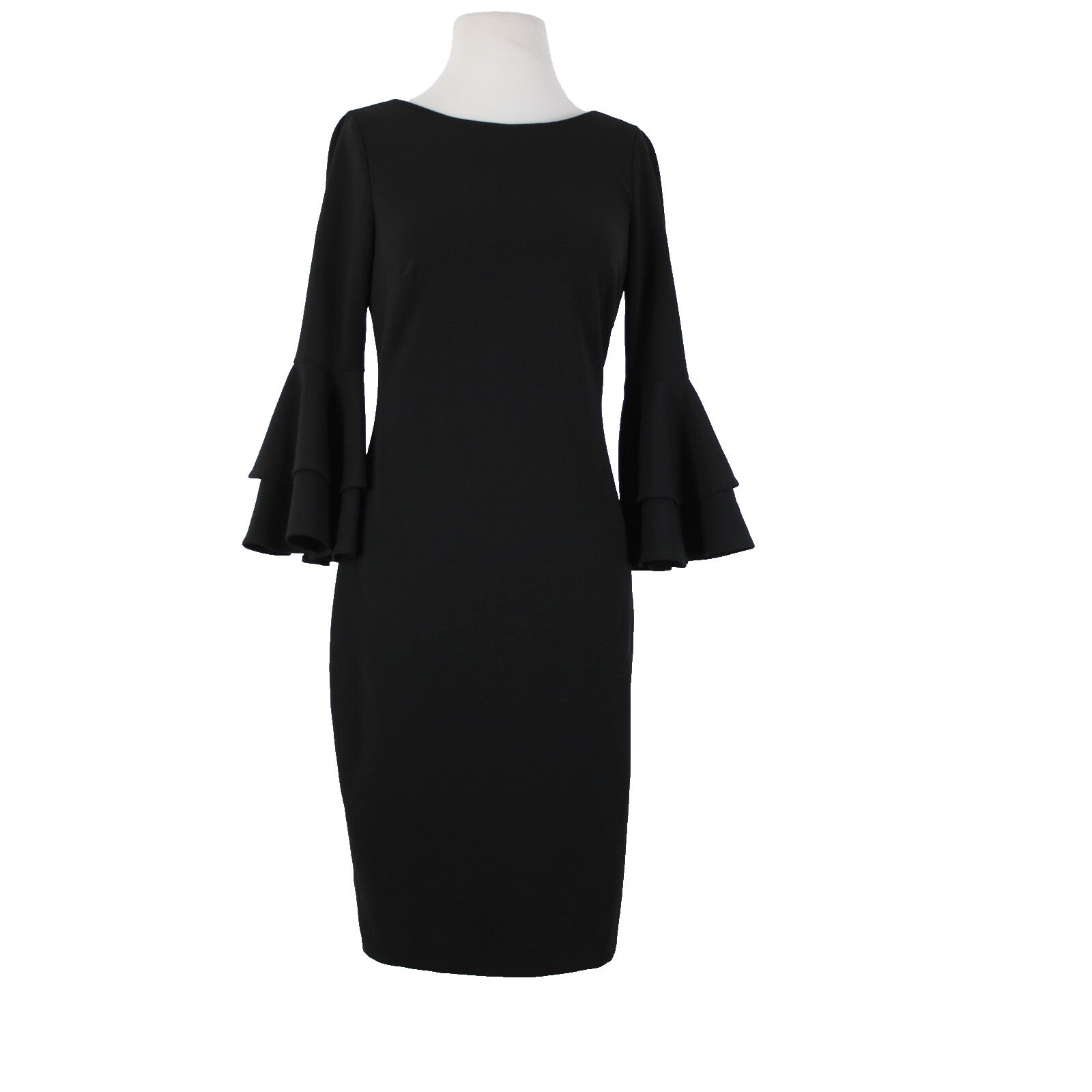 Calvin Klein Sz 6? Black Ruffle Bell Sleeve Zipper Lined Polyester Spandex Dress