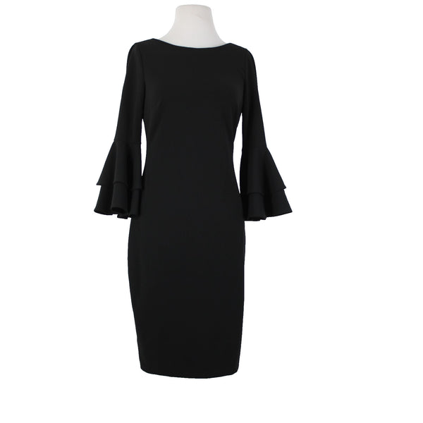 Calvin Klein Sz 6? Black Ruffle Bell Sleeve Zipper Lined Polyester Spandex Dress