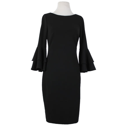 Calvin Klein Sz 6? Black Ruffle Bell Sleeve Zipper Lined Polyester Spandex Dress