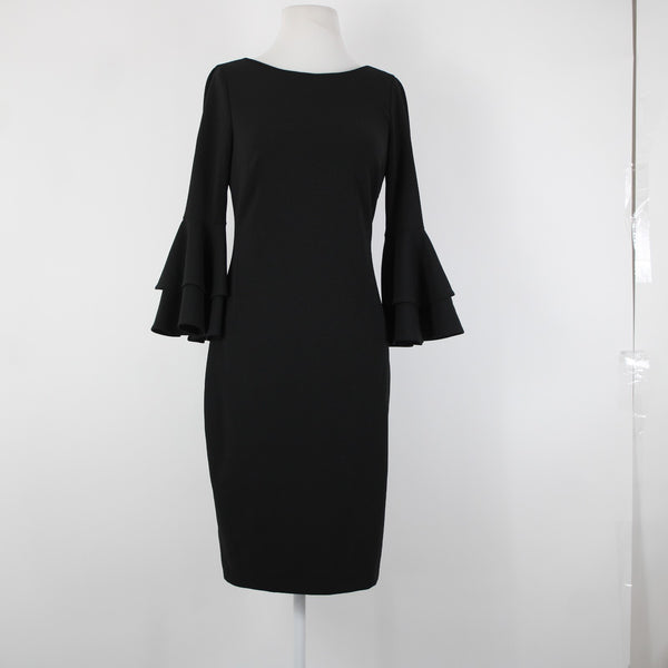 Calvin Klein Sz 6? Black Ruffle Bell Sleeve Zipper Lined Polyester Spandex Dress