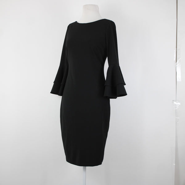 Calvin Klein Sz 6? Black Ruffle Bell Sleeve Zipper Lined Polyester Spandex Dress