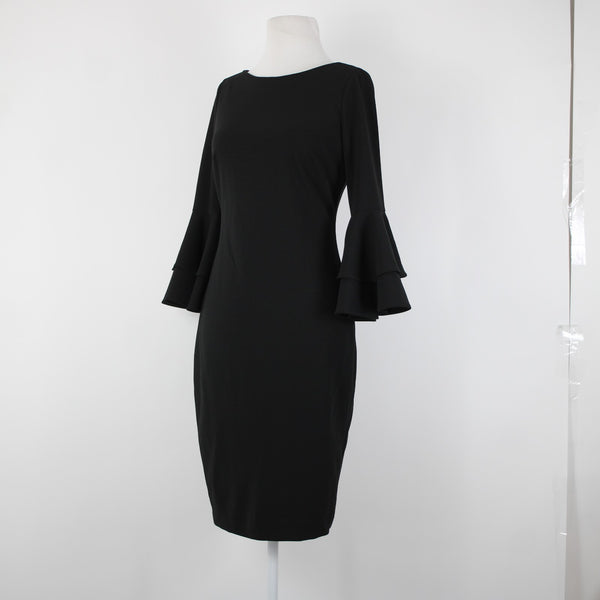 Calvin Klein Sz 6? Black Ruffle Bell Sleeve Zipper Lined Polyester Spandex Dress