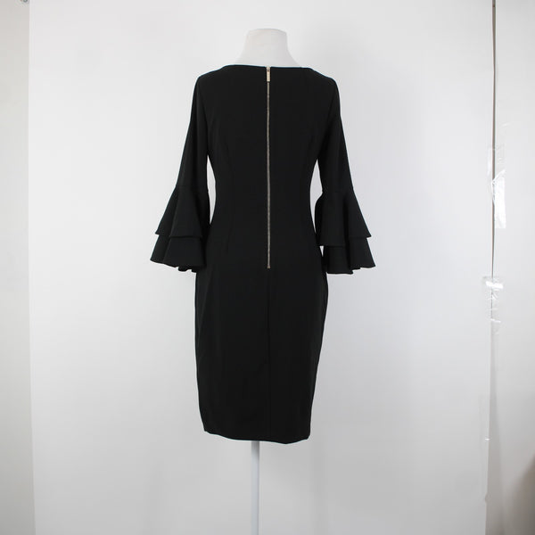 Calvin Klein Sz 6? Black Ruffle Bell Sleeve Zipper Lined Polyester Spandex Dress