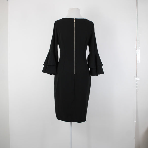 Calvin Klein Sz 6? Black Ruffle Bell Sleeve Zipper Lined Polyester Spandex Dress