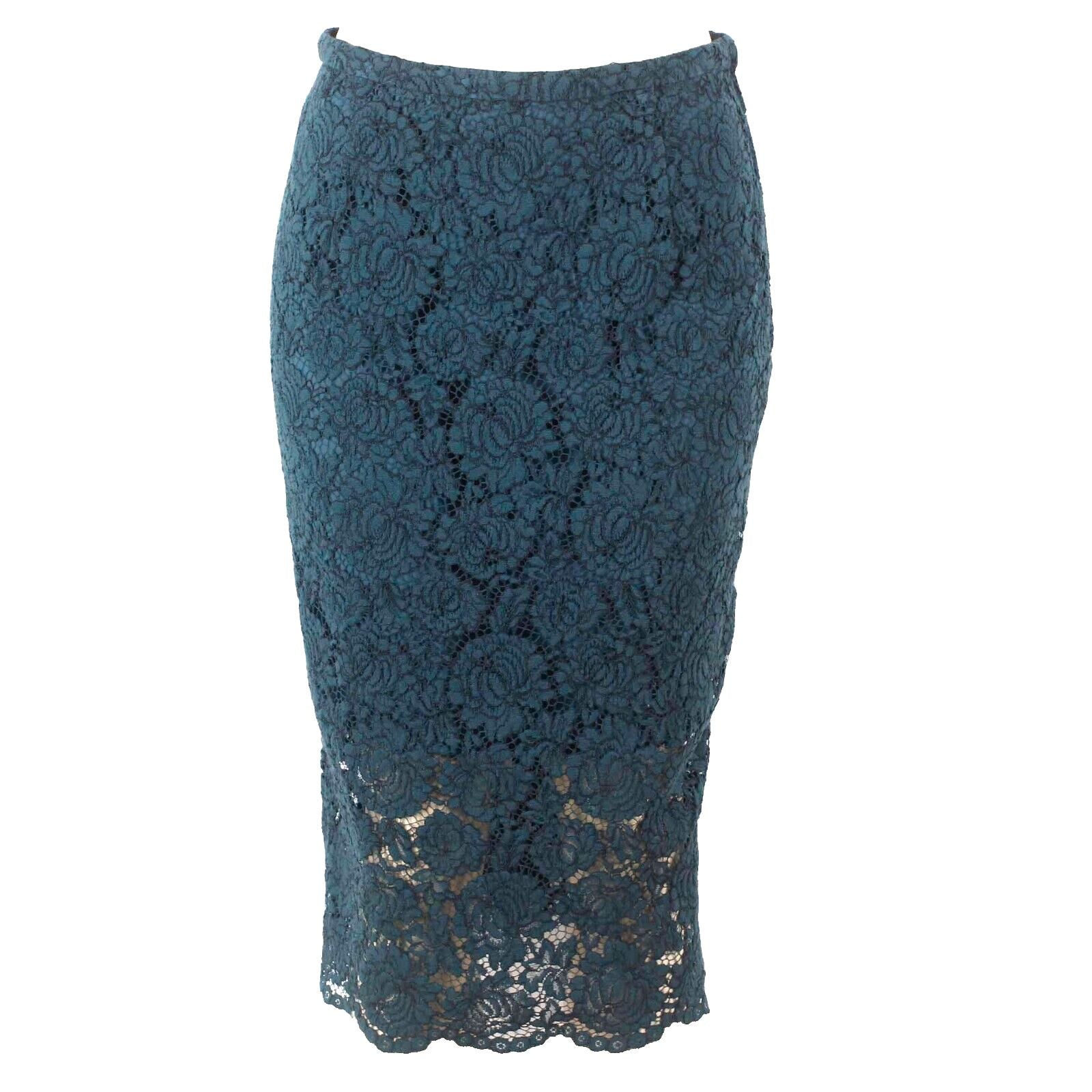HM Sz 8 Green Overlay Lace Straight Kick Pleat Cotton Blend Woven Lined Skirt