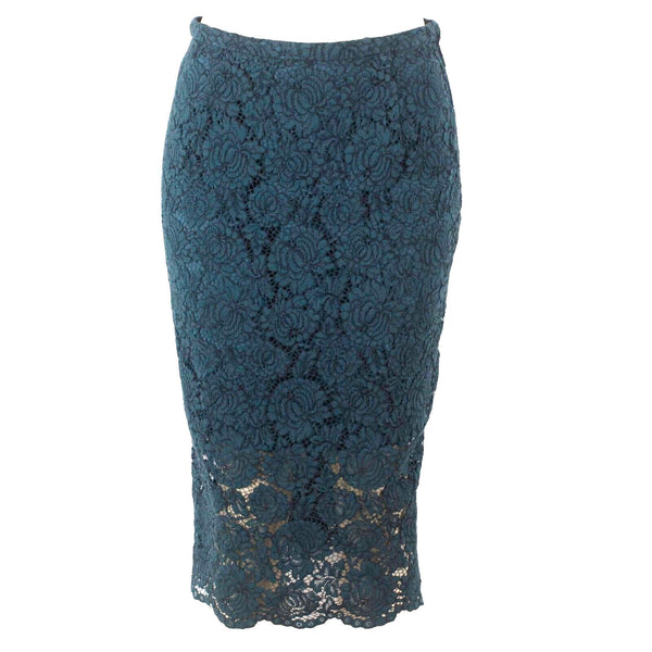 HM Sz 8 Green Overlay Lace Straight Kick Pleat Cotton Blend Woven Lined Skirt