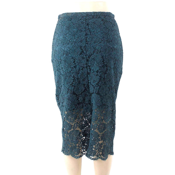 HM Sz 8 Green Overlay Lace Straight Kick Pleat Cotton Blend Woven Lined Skirt