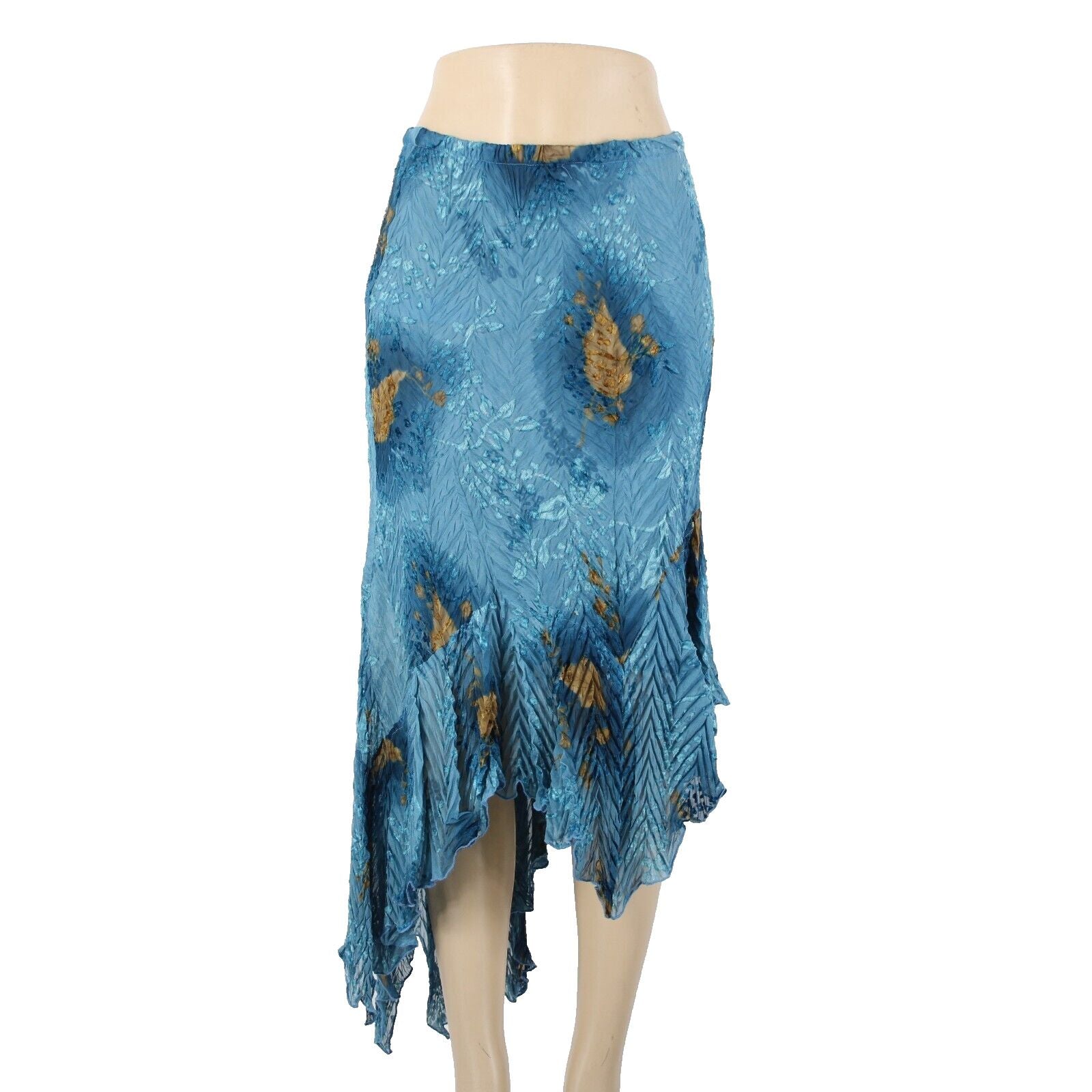Komarov Sz S Blue Brown Elastic Waist Sheer Asymmetrical 100% Polyester Skirt