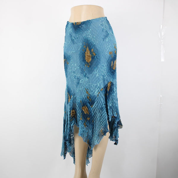 Komarov Sz S Blue Brown Elastic Waist Sheer Asymmetrical 100% Polyester Skirt
