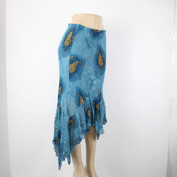 Komarov Sz S Blue Brown Elastic Waist Sheer Asymmetrical 100% Polyester Skirt