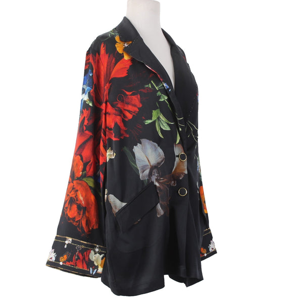 Camilla Blazer Jacket Sz XS/S Black Red 'Still Life' Floral 100% Silk Jacket