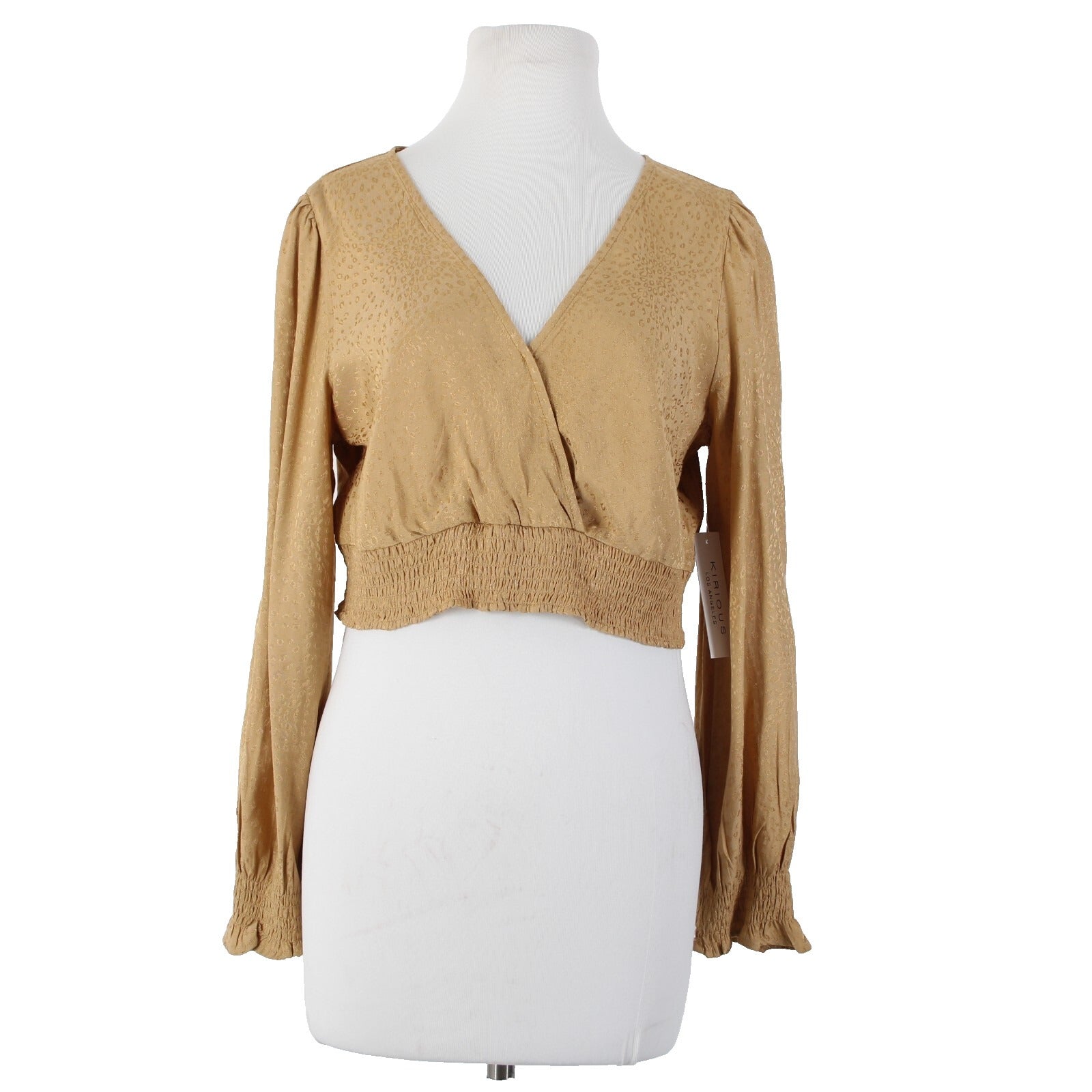 Kirious NEW Sz L Tan Brown Animal Print Crop V Neck Open Back Viscose Rayon Top