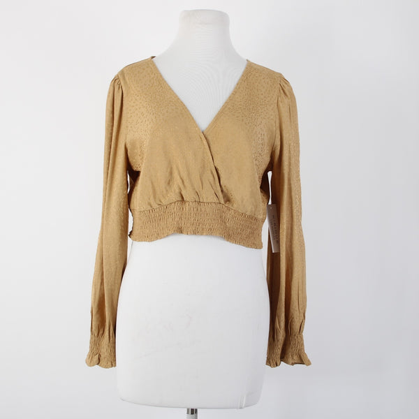 Kirious NEW Sz L Tan Brown Animal Print Crop V Neck Open Back Viscose Rayon Top