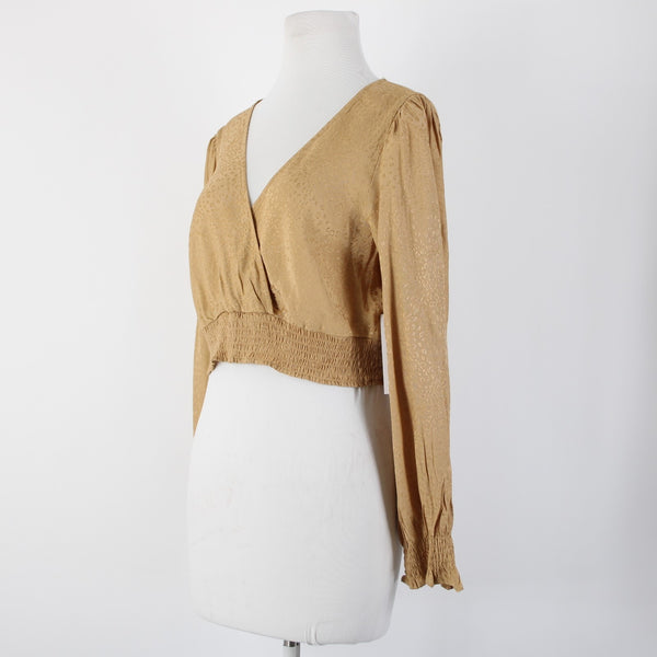 Kirious NEW Sz L Tan Brown Animal Print Crop V Neck Open Back Viscose Rayon Top