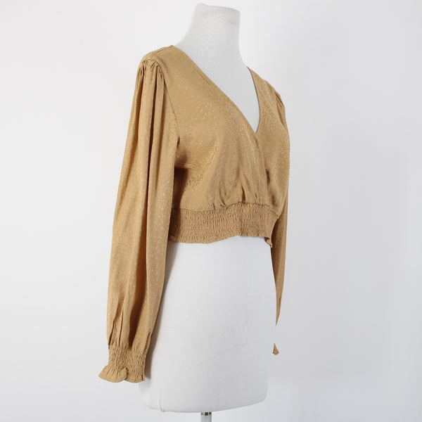 Kirious NEW Sz L Tan Brown Animal Print Crop V Neck Open Back Viscose Rayon Top