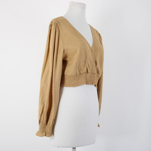 Kirious NEW Sz L Tan Brown Animal Print Crop V Neck Open Back Viscose Rayon Top