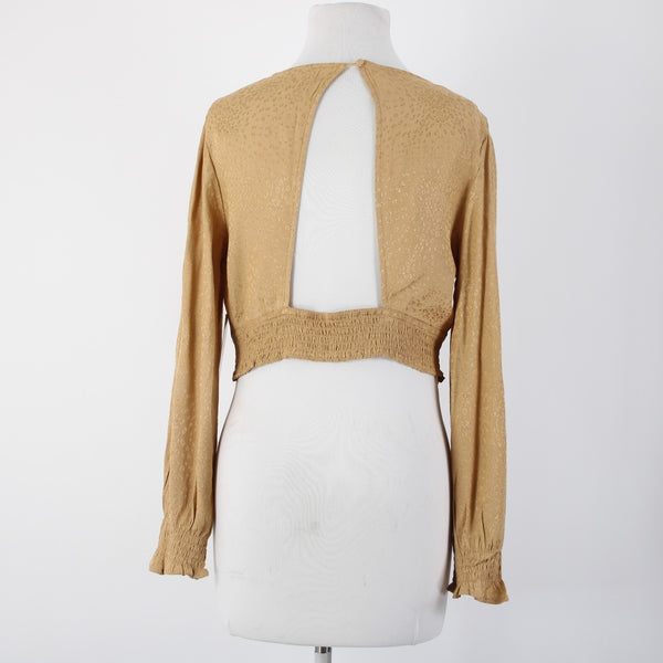 Kirious NEW Sz L Tan Brown Animal Print Crop V Neck Open Back Viscose Rayon Top