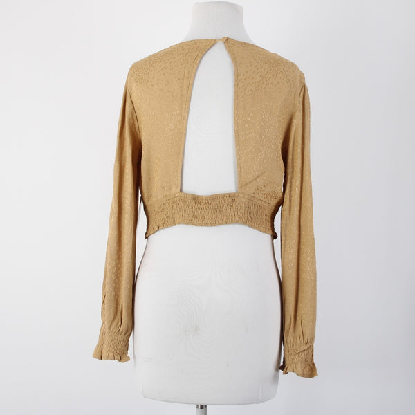 Kirious NEW Sz L Tan Brown Animal Print Crop V Neck Open Back Viscose Rayon Top