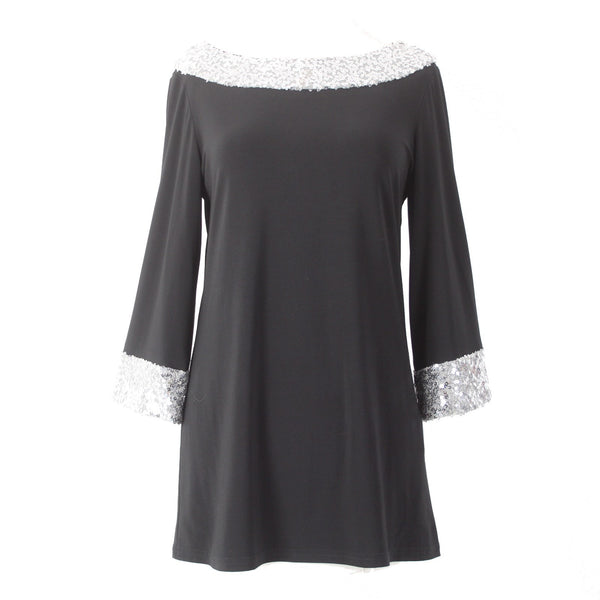 Joseph Ribkoff Top Sz 8 Black Silver Sequin Cuff n Collar Polyester Spandex Top