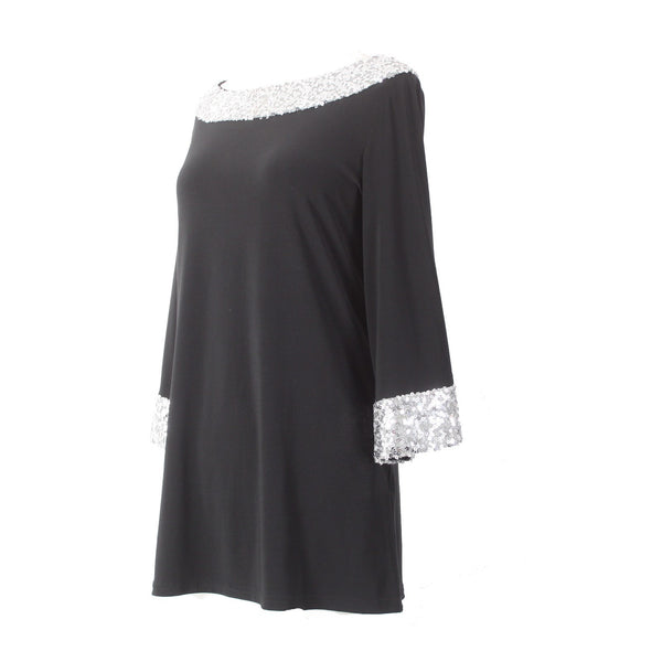 Joseph Ribkoff Top Sz 8 Black Silver Sequin Cuff n Collar Polyester Spandex Top