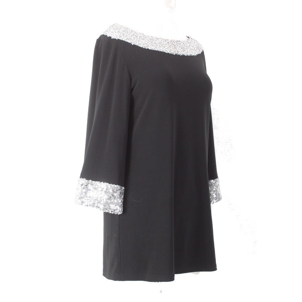 Joseph Ribkoff Top Sz 8 Black Silver Sequin Cuff n Collar Polyester Spandex Top
