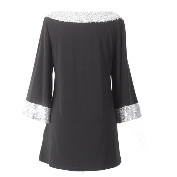 Joseph Ribkoff Top Sz 8 Black Silver Sequin Cuff n Collar Polyester Spandex Top