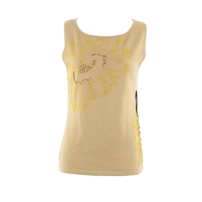 Pierre Cardin NEW $24 L Camel Yellow Brown Beaded 100% Cotton Knit Top
