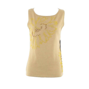 Pierre Cardin NEW $24 L Camel Yellow Brown Beaded 100% Cotton Knit Top