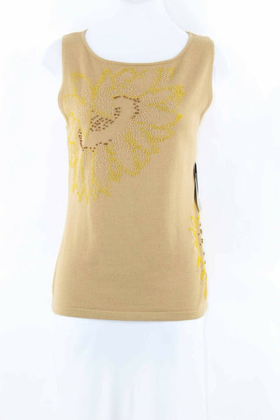 Pierre Cardin NEW $24 L Camel Yellow Brown Beaded 100% Cotton Knit Top