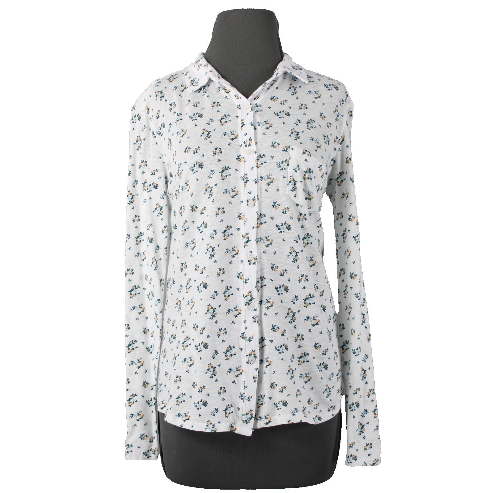 Stateside Sz M White Teal Gold Floral Button Front 100% Supima Cotton Knit Shirt