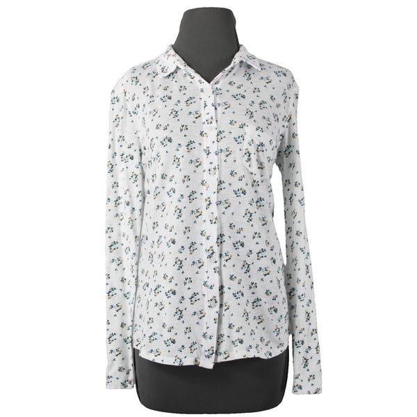 Stateside Sz M White Teal Gold Floral Button Front 100% Supima Cotton Knit Shirt