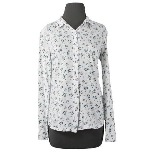 Stateside Sz M White Teal Gold Floral Button Front 100% Supima Cotton Knit Shirt