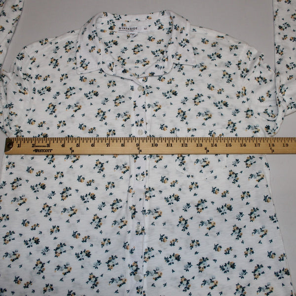 Stateside Sz M White Teal Gold Floral Button Front 100% Supima Cotton Knit Shirt
