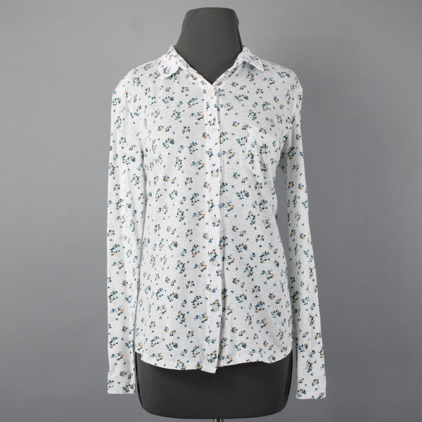 Stateside Sz M White Teal Gold Floral Button Front 100% Supima Cotton Knit Shirt