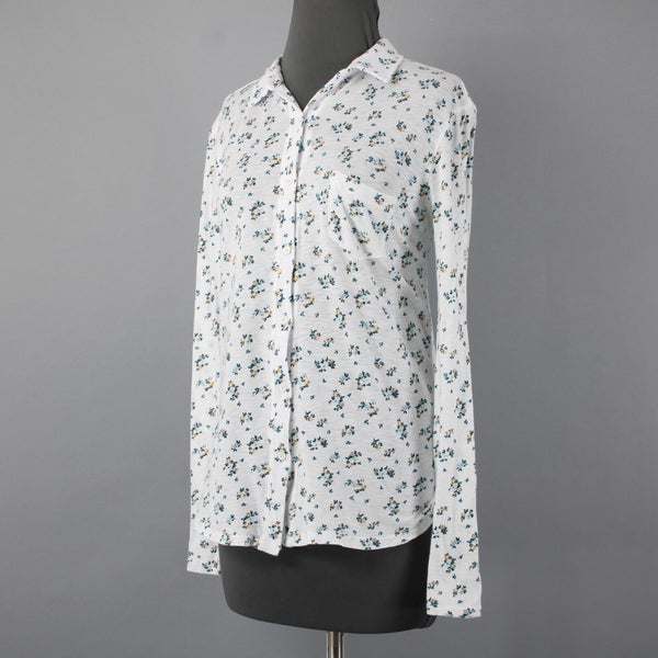 Stateside Sz M White Teal Gold Floral Button Front 100% Supima Cotton Knit Shirt