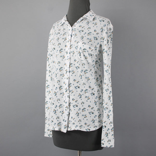 Stateside Sz M White Teal Gold Floral Button Front 100% Supima Cotton Knit Shirt