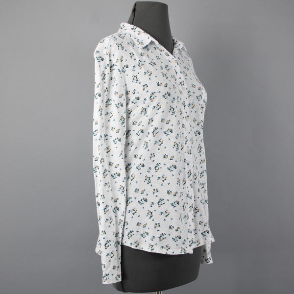 Stateside Sz M White Teal Gold Floral Button Front 100% Supima Cotton Knit Shirt