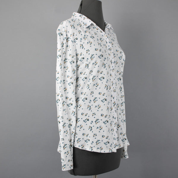 Stateside Sz M White Teal Gold Floral Button Front 100% Supima Cotton Knit Shirt