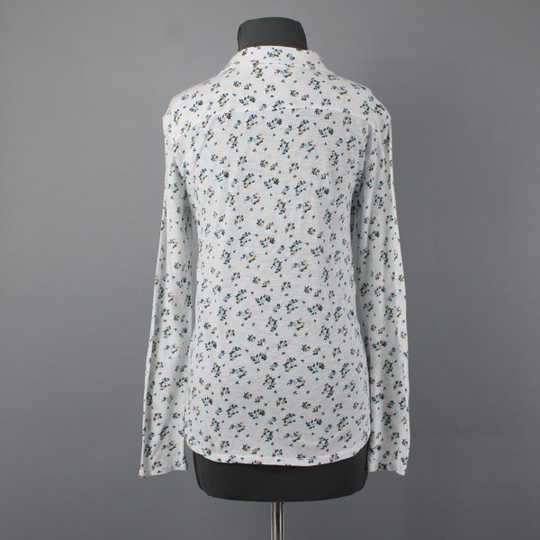 Stateside Sz M White Teal Gold Floral Button Front 100% Supima Cotton Knit Shirt