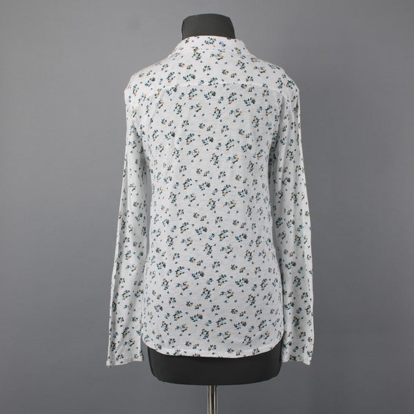 Stateside Sz M White Teal Gold Floral Button Front 100% Supima Cotton Knit Shirt
