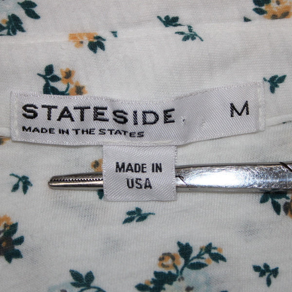 Stateside Sz M White Teal Gold Floral Button Front 100% Supima Cotton Knit Shirt